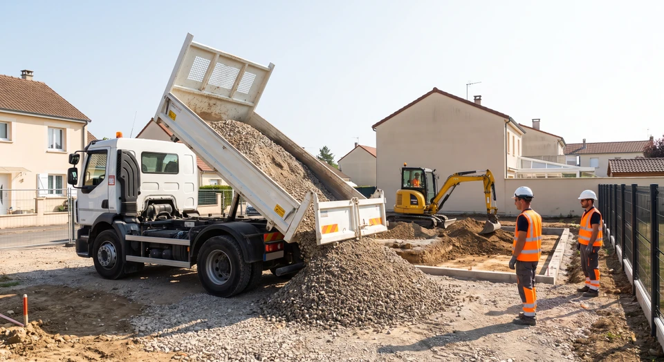 Photographie d'un camion-benne blanc aux couleurs de Grapeloup en cours de déchargement de matériaux (gravier, cailloux concassés ou terre) sur un chantier résidentiel ou commercial. Le benne est abaissée en position de déchargement, les matériaux s'écoulent ou sont visibles en tas au sol. Un engin de terrassement compacte (mini-pelle) est visible en arrière-plan, engagé à niveler ou à manœuvrer les matériaux livrés. Le chantier présente un contexte professionnel clair : terrassement en cours, terrain excavé, clôture de chantier. Conditions d'éclairage naturel diurne, ciel dégagé. Aucun élément de texte ou logo n'est visible à l'avant de l'image.