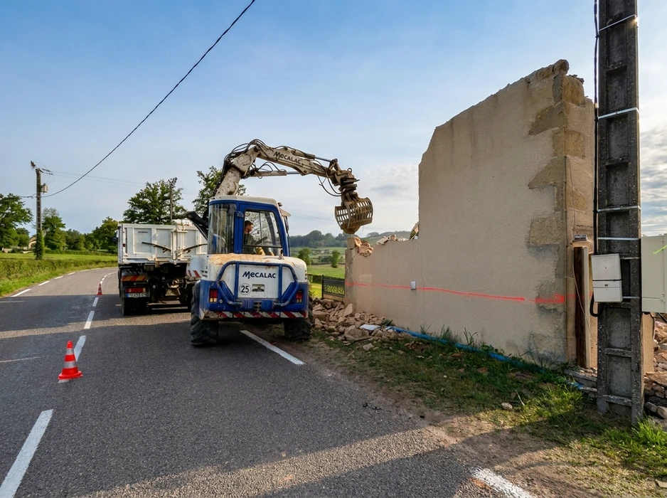 Démolition d'un mur en parpaings enduits au bord d'une route départementale