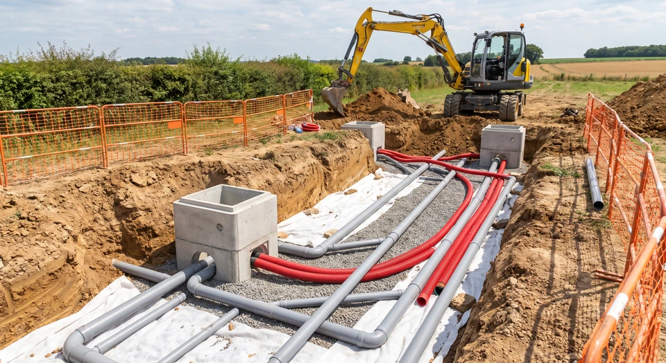 Chantier extérieur de terrassement et pose de réseaux VRD en tranchée ouverte. Vue d'ensemble montrant une tranchée profonde avec canalisations PVC gris, gaines annelées rouges pour télécoms, géotextile blanc et lit de gravier de calage. Une mini-pelle sur pneus jaune effectue les travaux d'excavation en arrière-plan. Sol argileux, regards de visite en béton préfabriqués visibles en position, environnement rural avec haie en bordure. Image claire et bien éclairée, montrant concrètement l'expertise en réseaux souterrains et VRD.