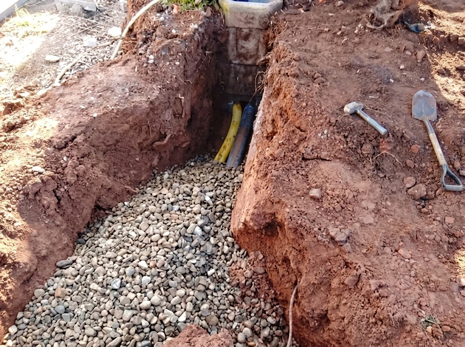 Tranchée excavée en terre argileuse rouge, avec lit de gravier drainant au fond