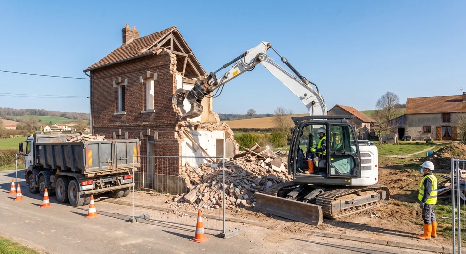 Chantier de démolition d'une maison en cours. Une pelle mécanique équipée d'un godet de démolition fracture activement la façade en briques d'une maison individuelle. Des débris et gravats s'accumulent au sol. Un camion-benne attenant reçoit les matériaux. Cônes de signalisation visibles. Ciel bleu, environnement rural. L'image montre clairement l'expertise en démolition sécurisée et la gestion des débris mentionnées dans le contenu.