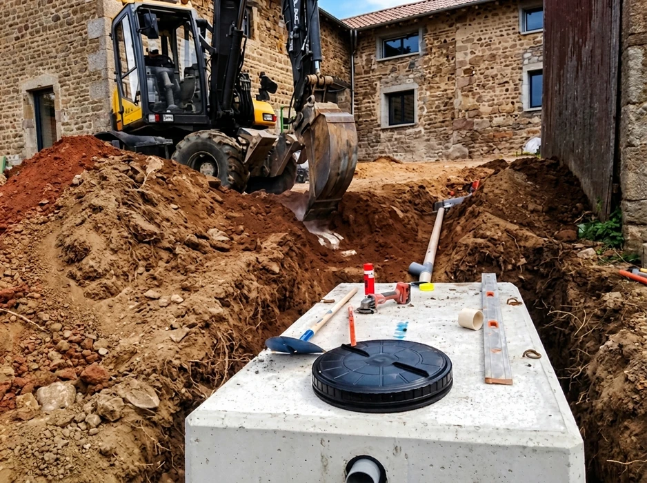 Chantier extérieur d'installation de système d'assainissement individuel