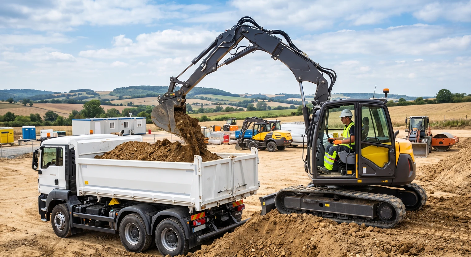 Une pelleteuse Mecalac jaune et noire en action sur un chantier de terrassement extérieur, pelletant de la terre dans un camion-benne MAN blanc aux couleurs de Grapeloup. En arrière-plan visible, une carrière ou zone de travaux montrant des installations modernes et du matériel performant. Le paysage rural vallonné en arrière-plan. Scène d'activité professionnelle dynamique et fluide illustrant un chantier bien équipé et maîtrisé, symbolisant le développement et la progression de l'entreprise. Photo de jour, ciel bleu partiellement nuageux.