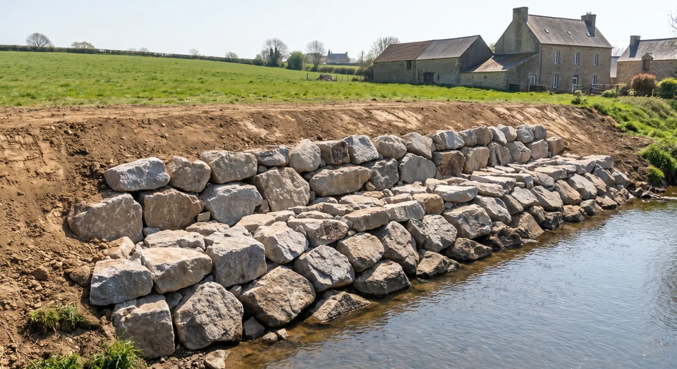 Une berge ou un talus stabilisé par des roches naturelles d'enrochement (blocs de granite ou calcaire de tailles variées) posés en couches régulières et compactées. La zone enrochée est construite de manière visible et structurée, protégeant le sol contre l'érosion, avec la terre retenue à l'arrière et un terrain stabilisé en résultat. Les roches sont bien alignées et offrent une démonstration claire de la technique de renforcement. Pas de végétation ornementale excessive. Environnement naturel avec terrain vallonné ou pente, montrant l'application réelle et professionnelle de l'enrochement pour la protection des berges ou talus.