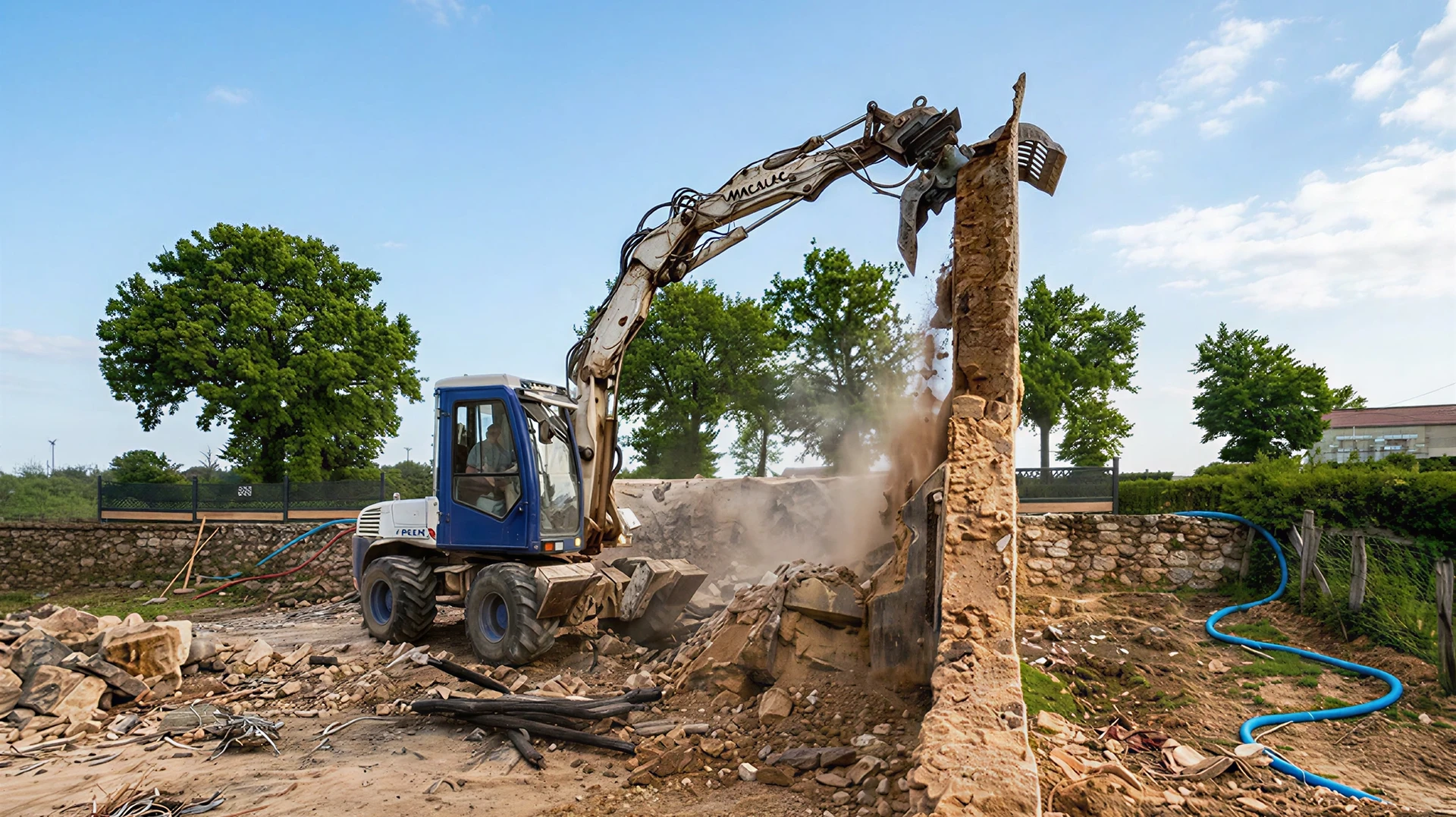 Chantier de démolition en extérieur avec pelleteuse hydraulique équipée d'un godet-pince démolissant une maison résidentielle