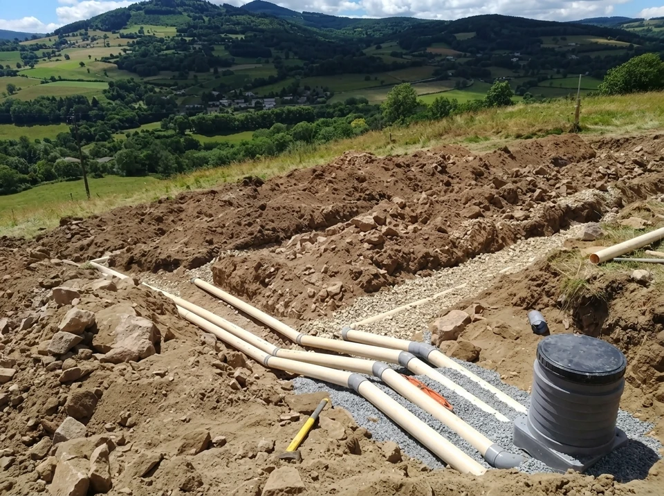 Chantier extérieur d'installation de fosse septique en cours