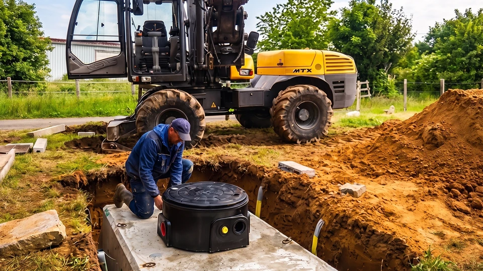 Chantier extérieur d'installation d'assainissement avec fosse septique cylindrique noire en polyéthylène posée sur dalle béton