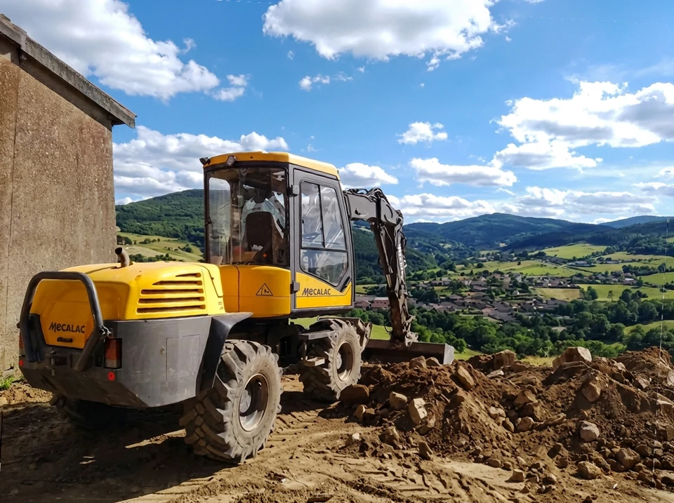 Chantier extérieur en zone boisée avec camion-benne déchargeant du gravier gris sur terrain herbeux